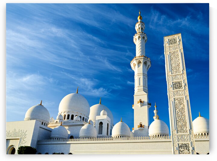 Grand mosque in Abu Dhabi with tall minarets and domes by Marco Brivio