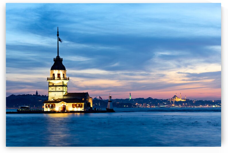 View of Maidens Tower on Bosphorus at sunset in Istanbul by Marco Brivio