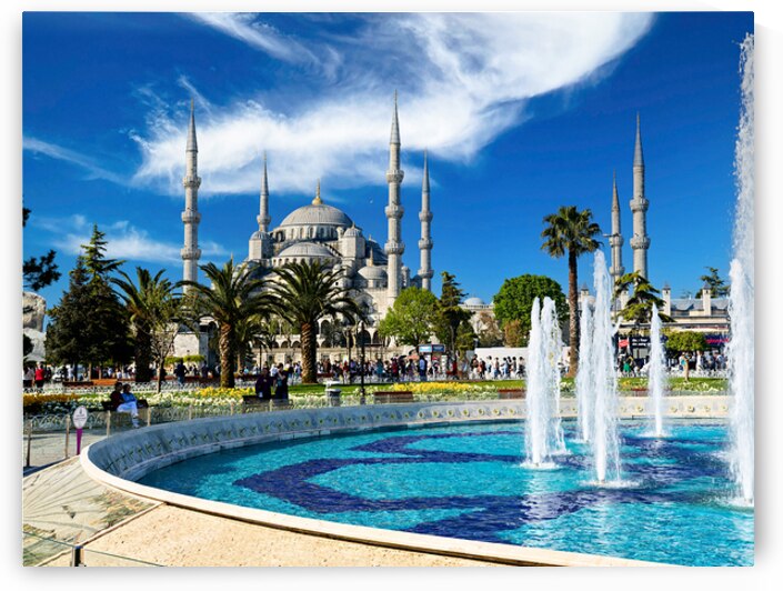 Blue Mosque in Istanbul Turkey with fountains and gardens by Marco Brivio