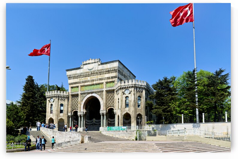 Historic university building in Istanbul Turkey with flags by Marco Brivio