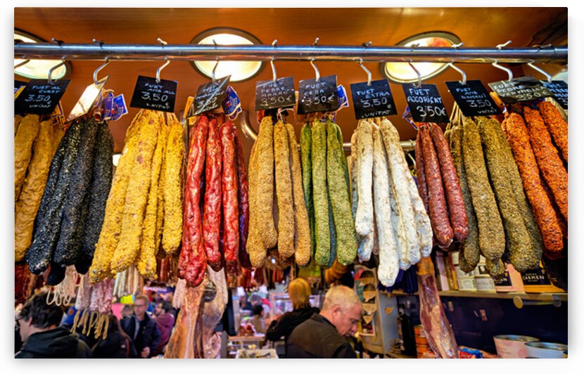 Colored sausages for sale at La Boqueria market by Marco Brivio
