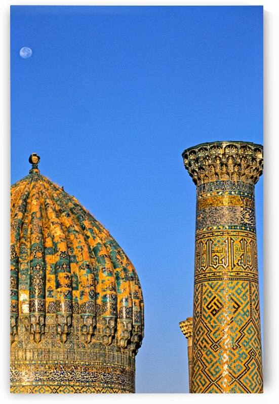 Madrasa in Samarkand shows dome and column under the moon by Marco Brivio