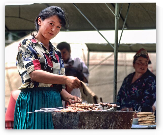 Street food vendors serve meat skewers in Samarkand Uzbekistan by Marco Brivio