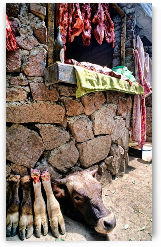 Butcher shop on street in Uzbekistan shows meat and cow parts by Marco Brivio
