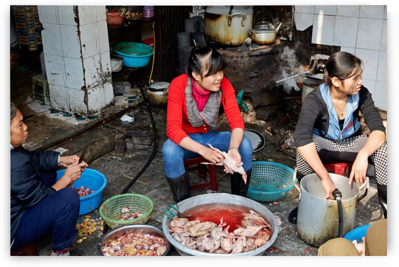 Women preparing fish in a market in Hanoi Vietnam by Marco Brivio