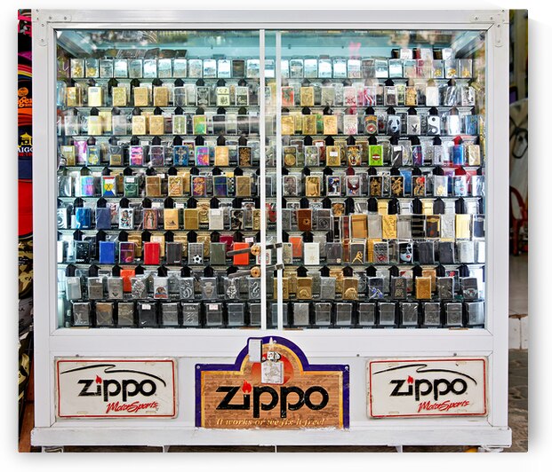 Collection of Zippo lighters in Ho Chi Minh City shop by Marco Brivio