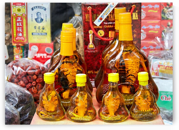 Bottles of snake alcohol in Ho Chi Minh City market by Marco Brivio