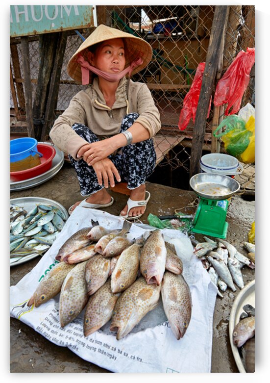 Fish seller sits by market stall in Phu Quoc Vietnam by Marco Brivio
