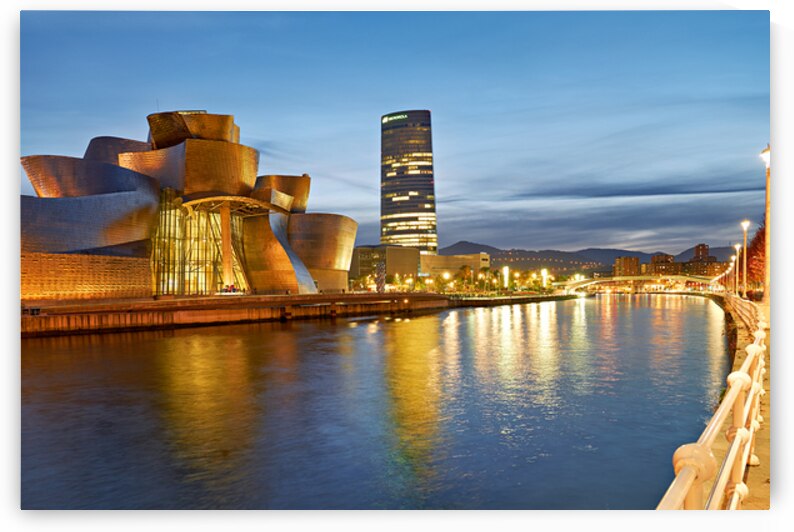 Guggenheim Museum view at night in Bilbao Spain by the river by Marco Brivio