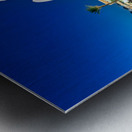 Santorinis iconic white church and bustling street at dusk. Metal print