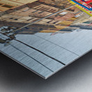 Sacred cow in Varanasi with people and shops in background Metal print