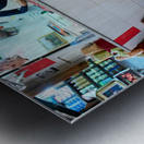 Stray cats gather near meat shop in Fez souk during daytime Metal print