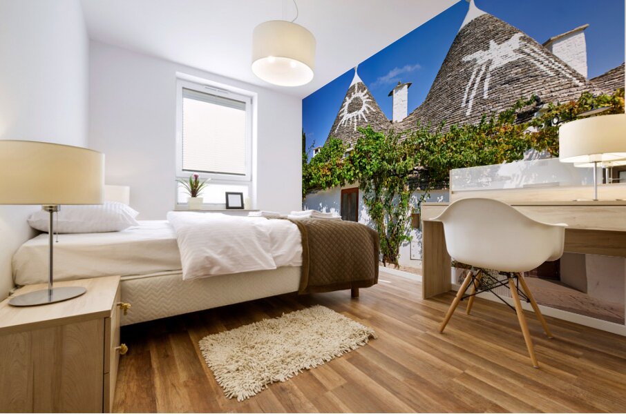 Apulia Puglia Italy. Alberobello. Trulli: traditional Apulian dry stone huts with a conical roof. Mural print