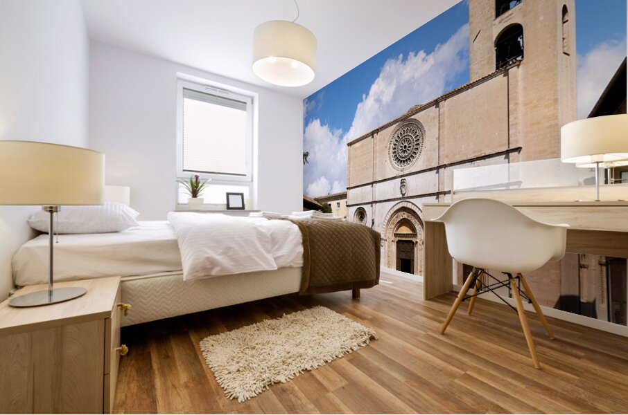 Todi Umbria Italy. Concattedrale della Santissima Annunziata. Cathedral. Piazza del Popolo. The statue Quattro Stele by Arnaldo Pomodoro Mural print