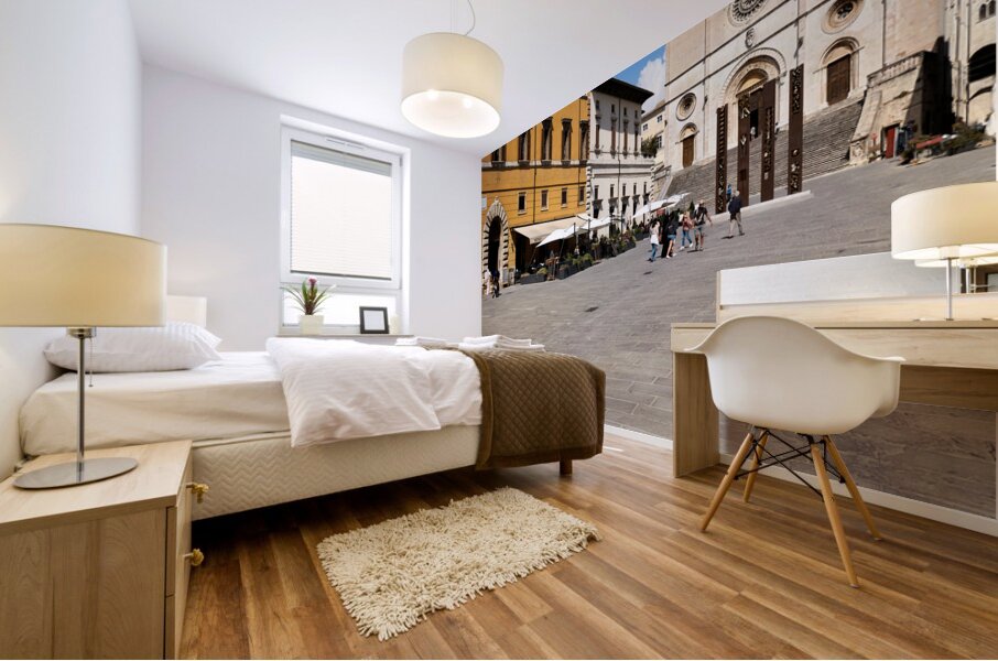 Todi Umbria Italy. Concattedrale della Santissima Annunziata. Cathedral. Piazza del Popolo. The statue Quattro Stele by Arnaldo Pomodoro Mural print