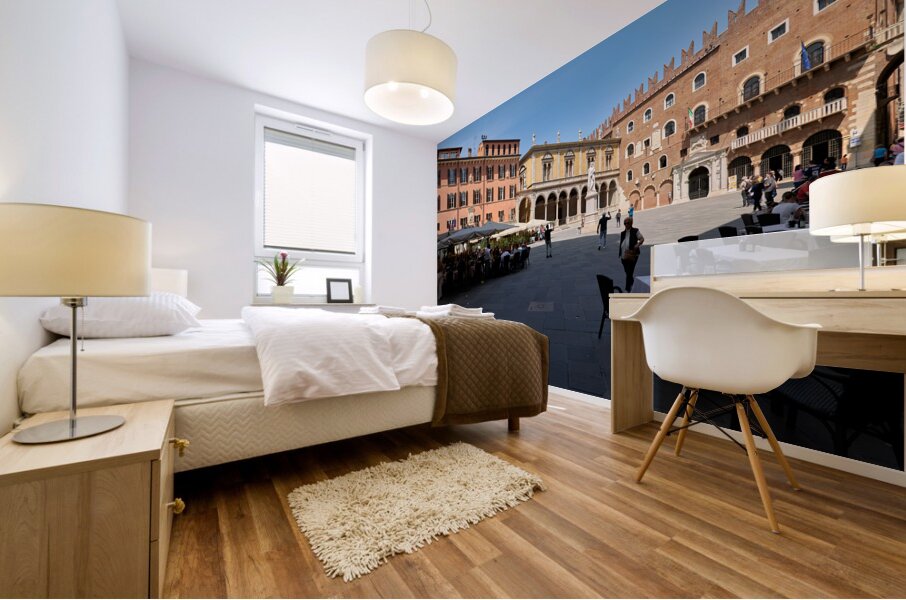 Verona Veneto Italy. Piazza dei Signori with the monument to Dante and restaurants to dine out Mural print