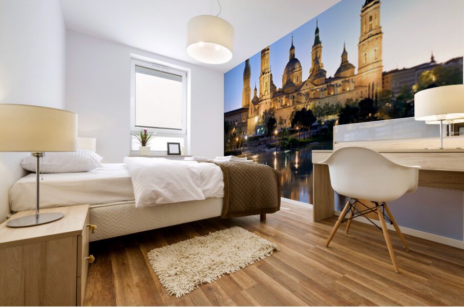 Zaragoza. Saragossa. Aragon. Spain. Cathedral Basilica of Our Lady of the Pillar and river Ebro at sunset Mural print