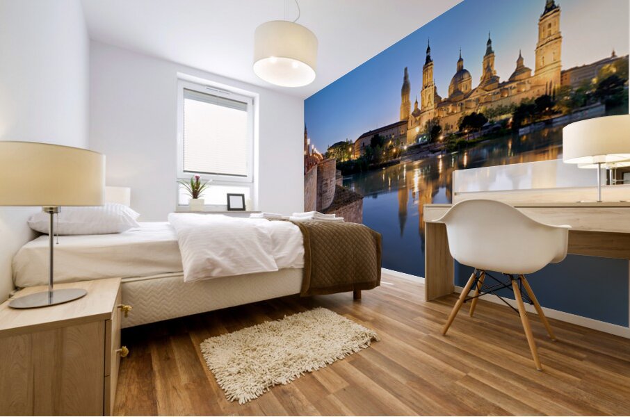 Zaragoza. Saragossa. Aragon. Spain. Cathedral Basilica of Our Lady of the Pillar and river Ebro at sunset Mural print