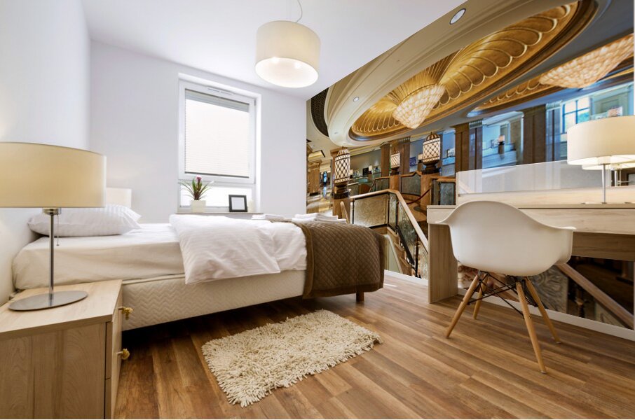 Opulent hotel lobby with grand staircase and golden chandeliers. Mural print