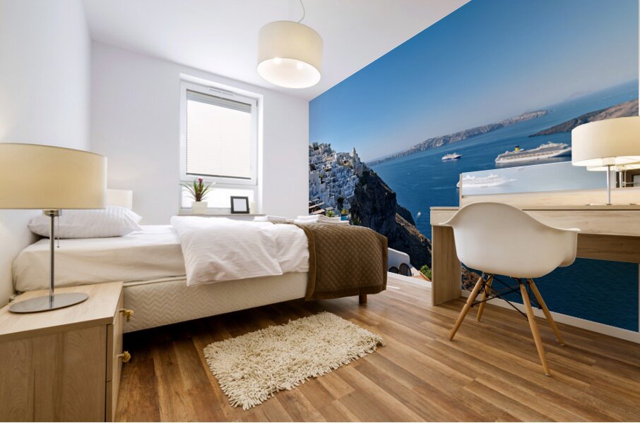 Santorinis white village blue caldera and cruise ships. Mural print