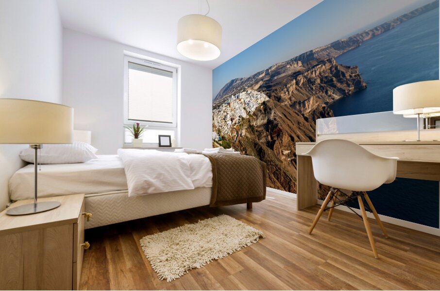 Santorinis white buildings on caldera cliffs above the sea. Mural print