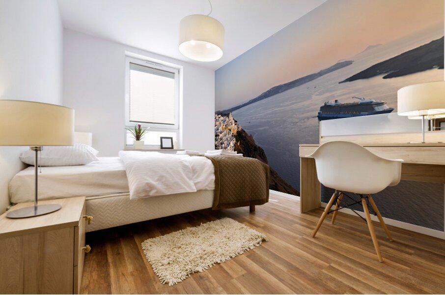 Santorini village and cruise ship at sunset. Mural print