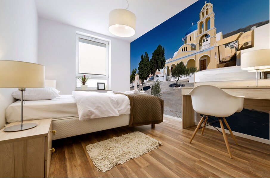 Traditional Greek church blue dome bell tower sunny day. Mural print