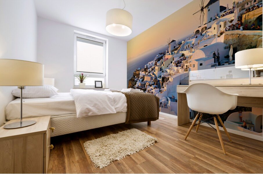 Santorini village at sunset with windmills overlooking the Aegea Mural print