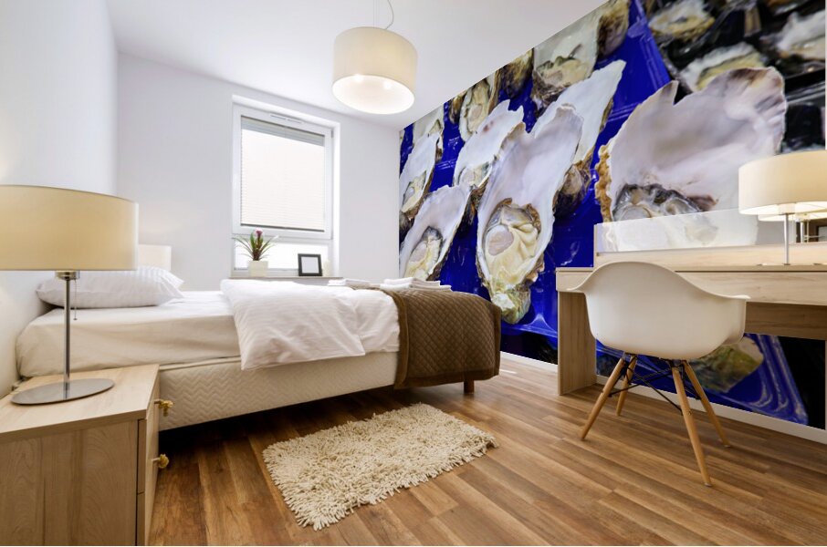 Freshly shucked oysters on blue plastic trays. Mural print