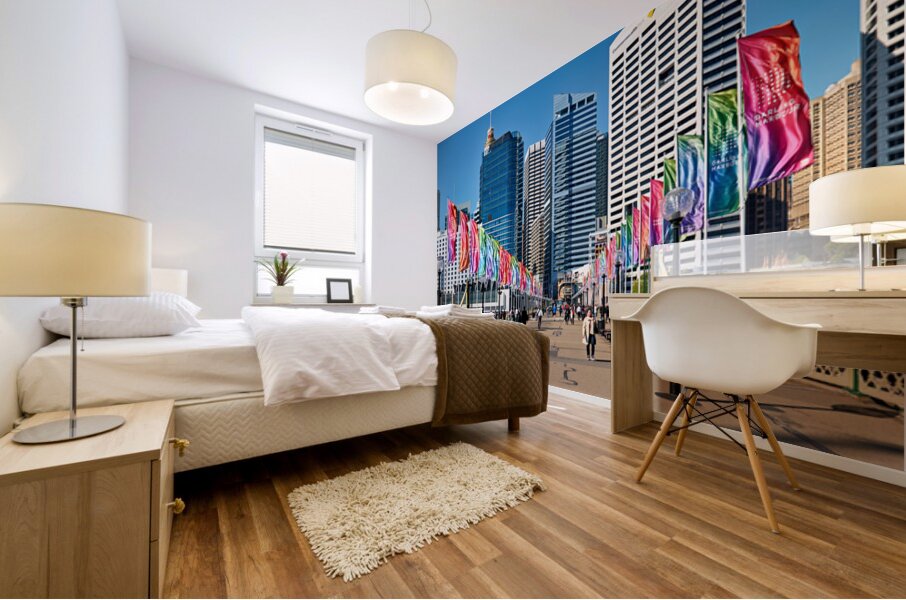 Colorful flags line bridge in Darling Harbour Sydney on a sunny  Mural print
