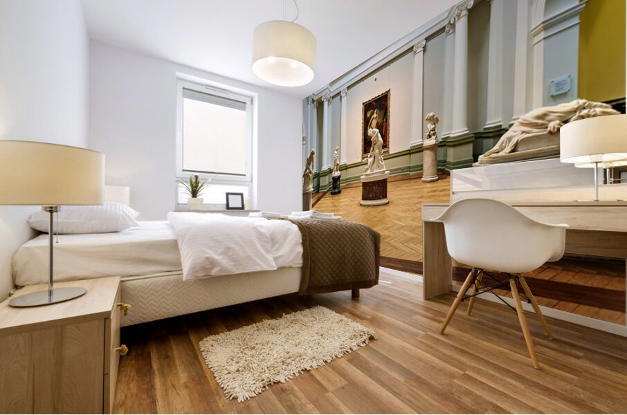 Sculptures and paintings in an art gallery in Sydney Mural print