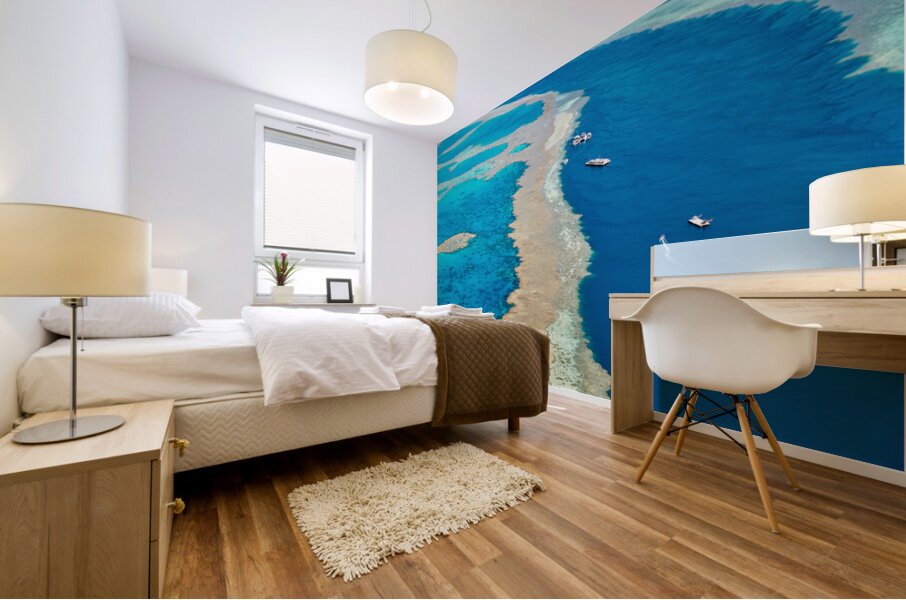 Aerial view of coral reefs and boats in turquoise ocean. Mural print