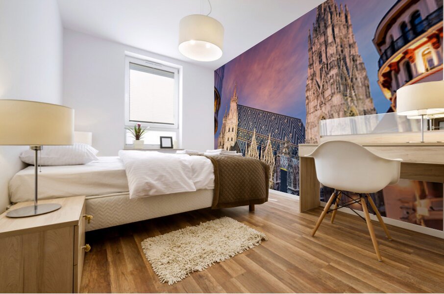 St. Stephens Cathedral Vienna at twilight with people. Mural print