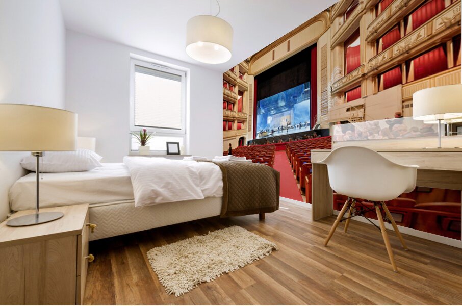 Ornate opera house interior with stage crew and audience. Mural print