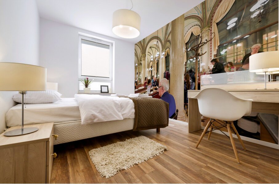 Man playing piano in an ornate bustling cafe. Mural print