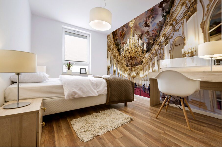 Ornate palace hall with chandeliers painted ceiling and red ca Mural print