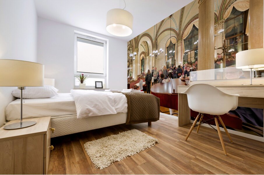 Ornate cafe interior bustling with people and a grand piano. Mural print