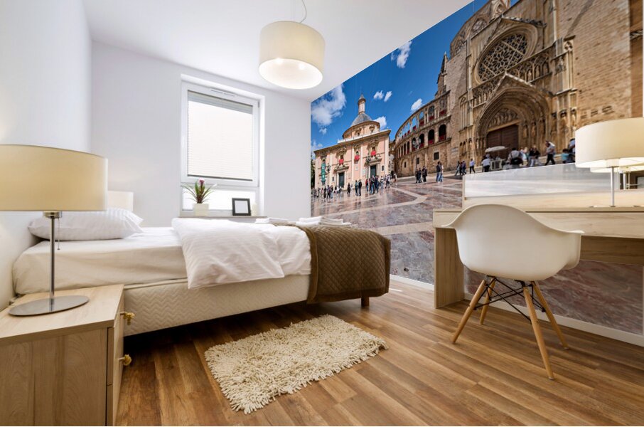 Valencia scene in Plaza de la Virgen with famous sites and peopl Mural print