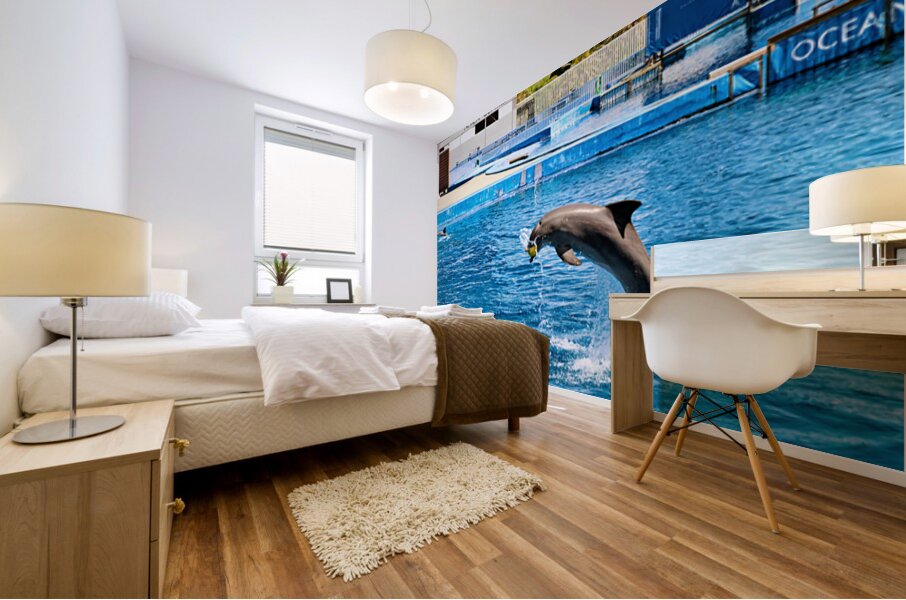 Dolphins perform tricks at Oceanografic in Valencia Spain Mural print