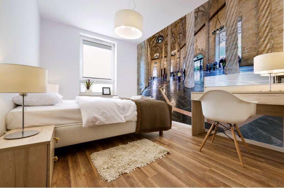 Visitors explore the interior of Lonja de la Seda in Valencia Sp Mural print