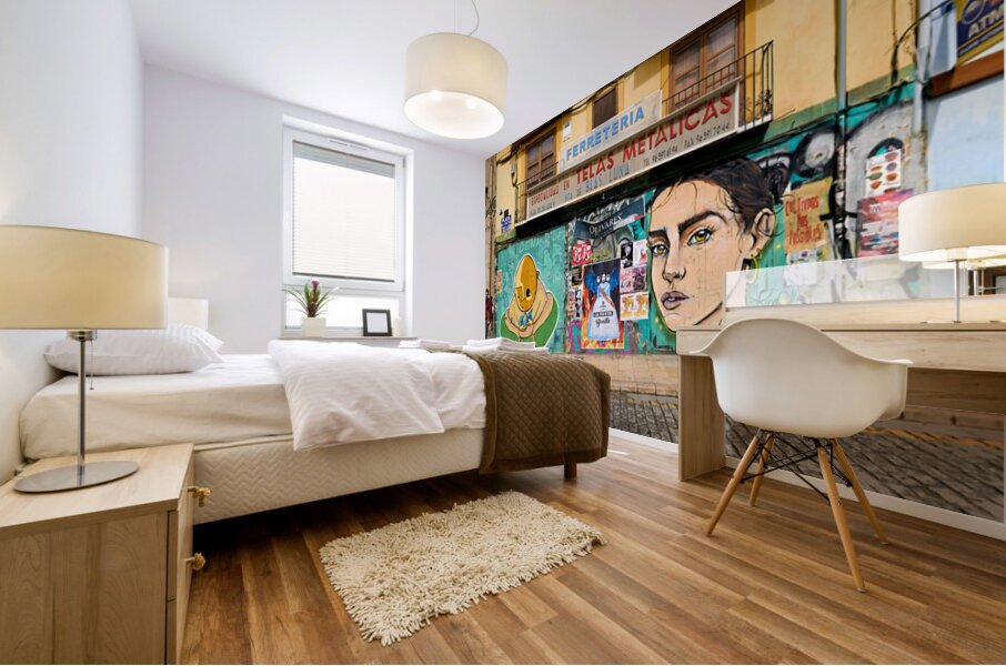 Valencia street art features murals and colorful buildings in Sp Mural print