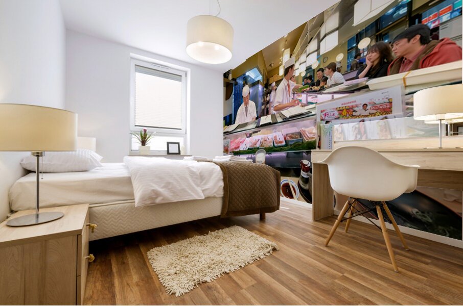 Sushi bar in Shibuya district with chefs and guests enjoying mea Mural print