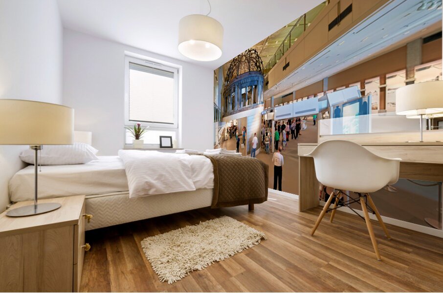 Visitors explore the Peace Memorial Museum in Hiroshima Japan Mural print