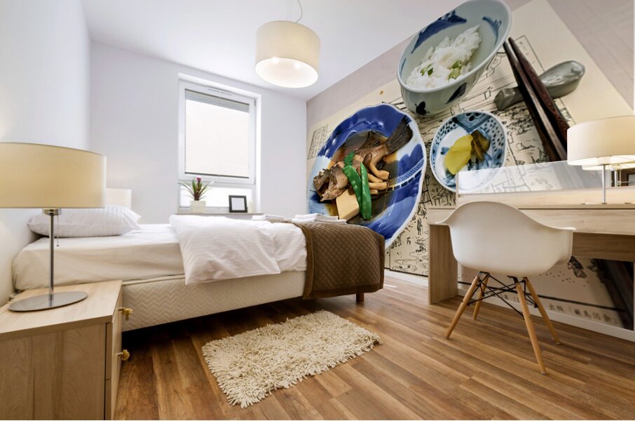 Enjoying traditional Japanese cuisine at a restaurant in Miyajim Mural print