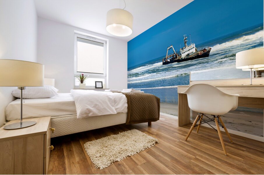 Shipwreck on the Skeleton Coast of Namibia under clear blue sky Mural print