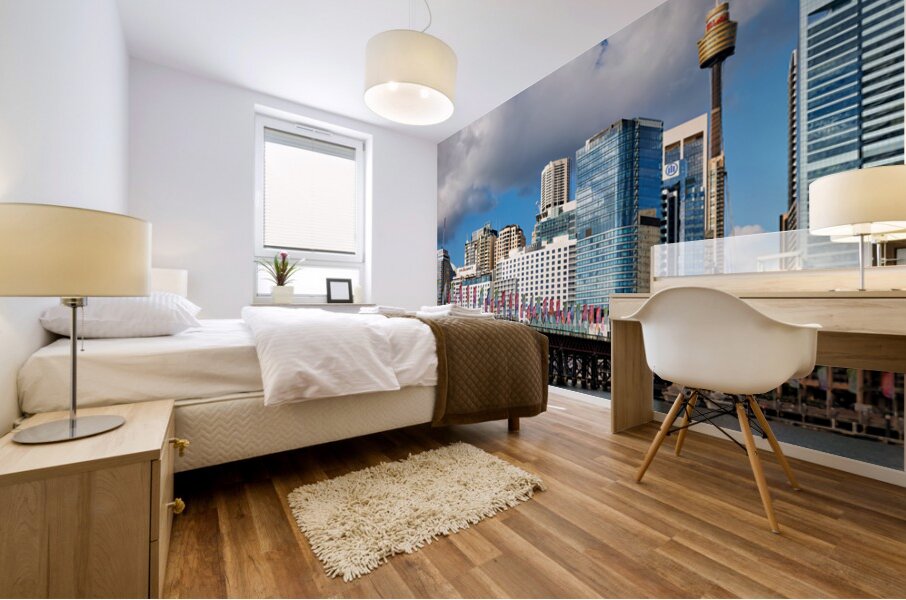 Sydney Harbour skyline with bridge and flags. Mural print