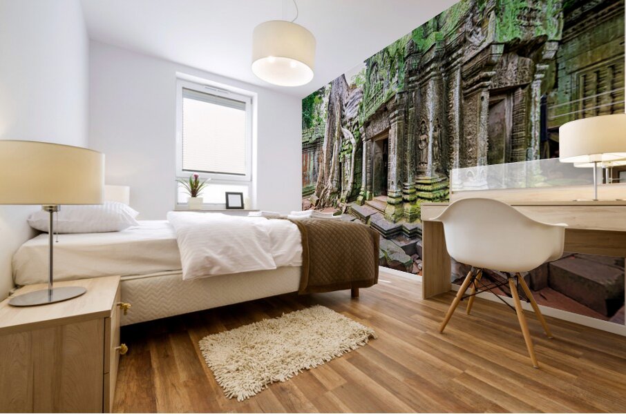 Ancient temple ruins overgrown by massive tree roots and moss. Mural print