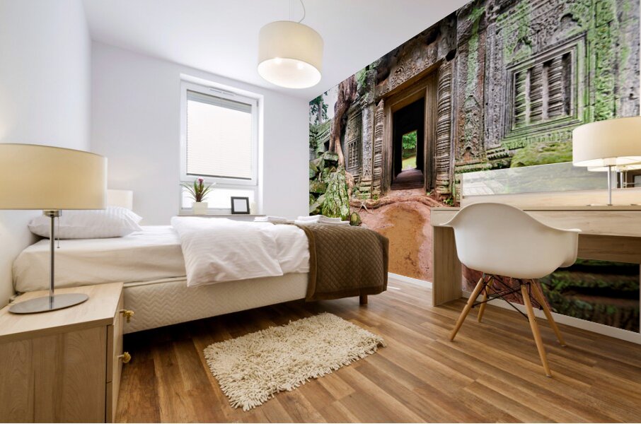 Ancient temple ruins overgrown by trees and moss. Mural print