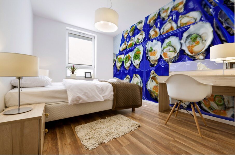 Fresh oysters with garnishes in blue trays. Mural print