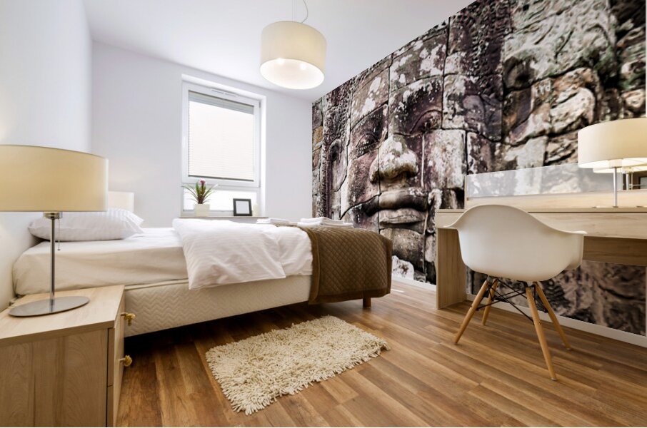 Ancient Khmer stone face Bayon temple. Mural print